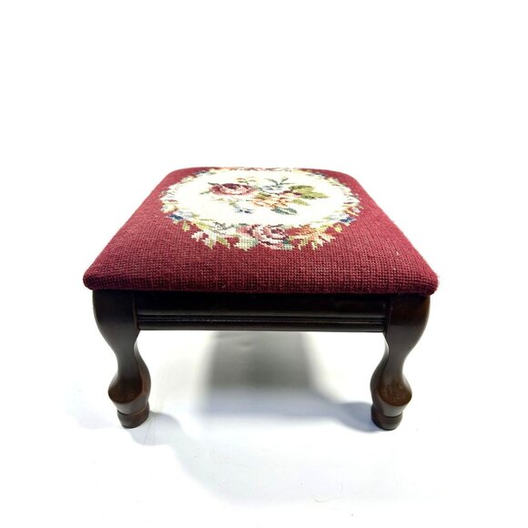 Mahogany Footstool Floral Needlepoint Cushion Foot Rest Vintage Flowers Burgandy - Picture 10 of 16
